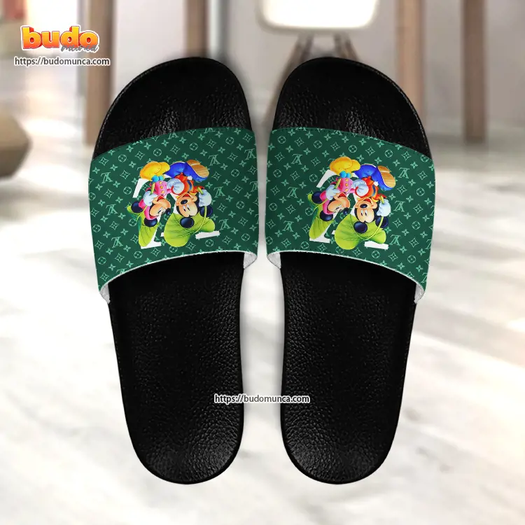 Slide sandals mickey mouse minnie couple and louis vuitton gift unique slide sandals for man woman and kid